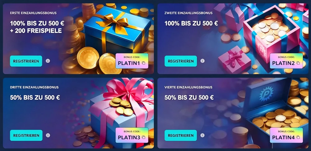 Platin Casino mehrstufiges Willkommensbonuspaket und Einzahlungsboni.